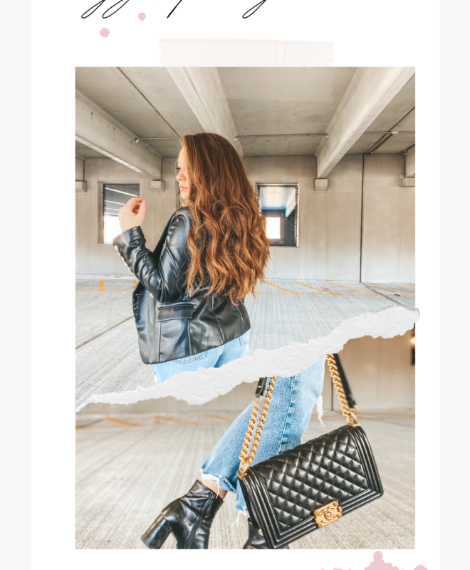 black leather blazer, chanel boy bag, mom jeans, and gold accessories